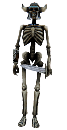 Afbeelding van de ninja, een skelet met een vikinghelm met hoorns en een zwaard in zijn handen